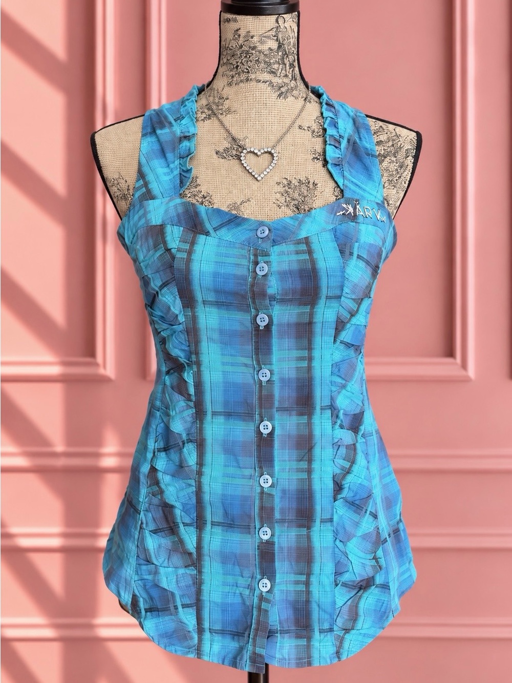 Y2K Kärv Blue Plaid Button-Front Tank Top Size M
